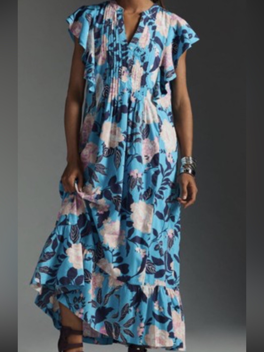 Maeve Blue Floral Maxi Dress with Pink and Navy Accents